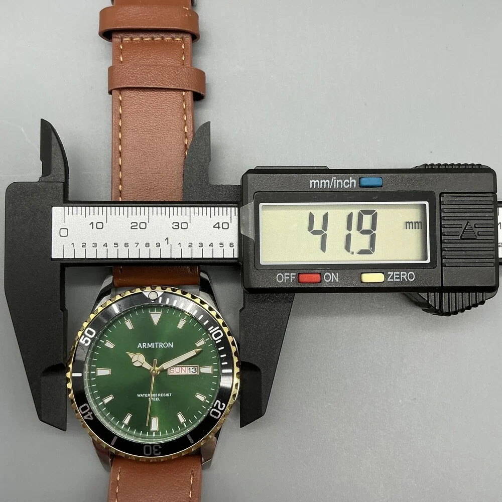 Armitron 20/5483TT Mens Watch 42mm Green Dial Brown Leather Day Date New Battery